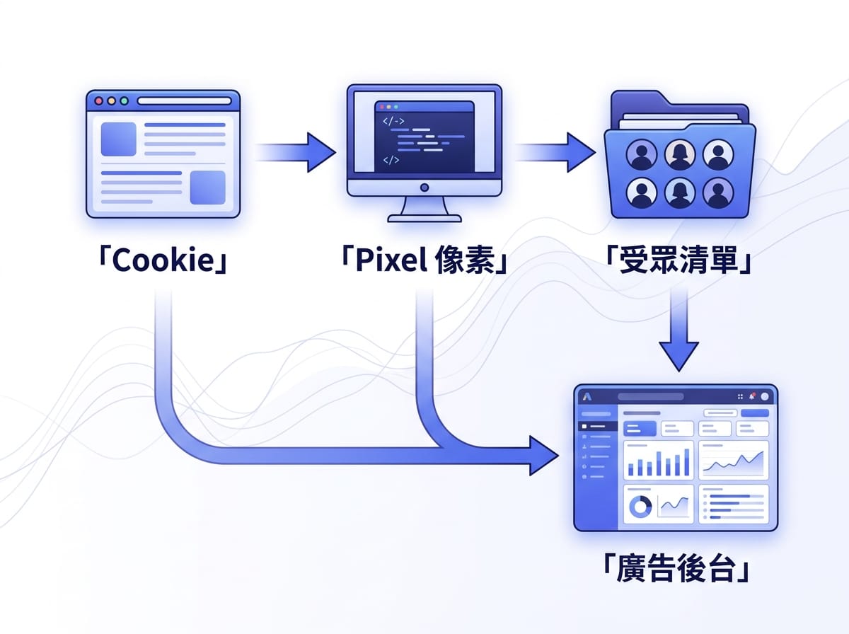 再行銷技術底層三要素：Cookie、Pixel 像素、受眾清單工作原理示意圖