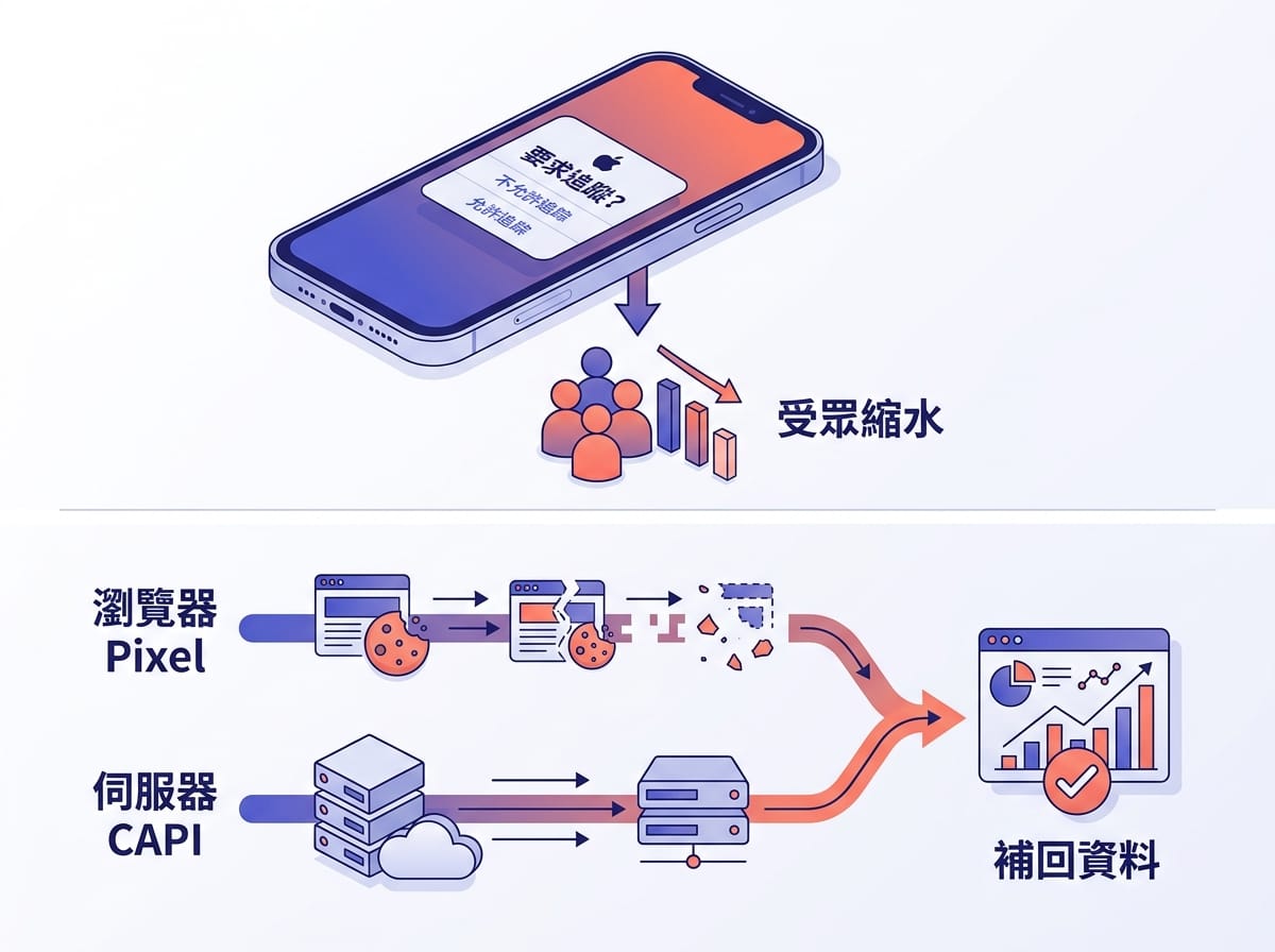 iOS 14.5 ATT 政策影響 Facebook Pixel，以及 Conversions API 雙軌追蹤解決方案示意圖