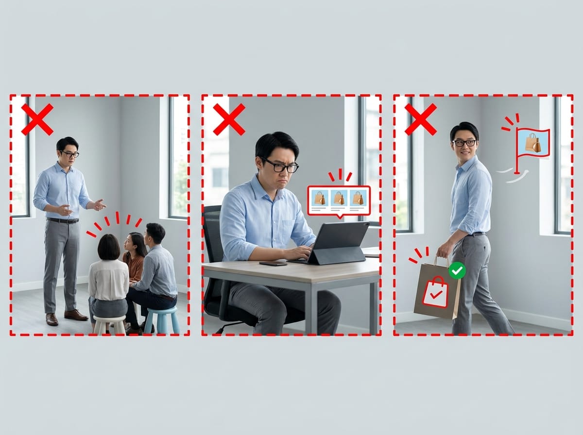 再行銷三大設定錯誤示意：受眾太小、素材未輪替導致廣告疲乏、未排除已購買者