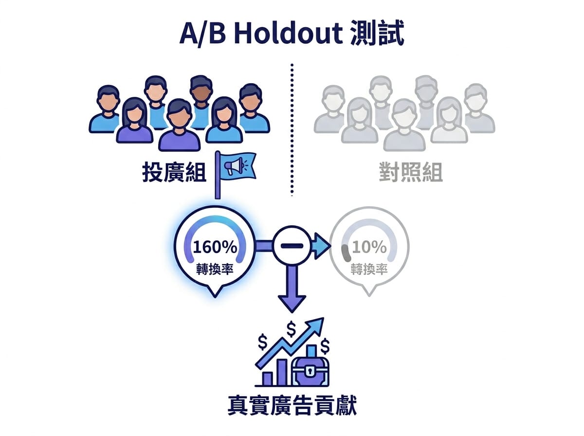 再行銷增量效益 Holdout Test 設計：廣告組與對照組對比，計算真實廣告貢獻度